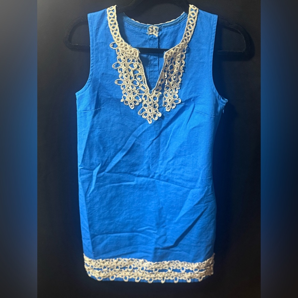 Mud Pie Bright Cobalt Blue Sleeveless Shift with Cream Crochet Accents